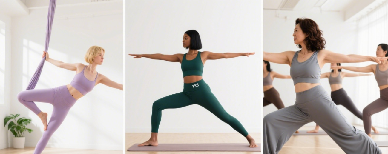 Women of diverse body types performing yoga poses in YSS clothing